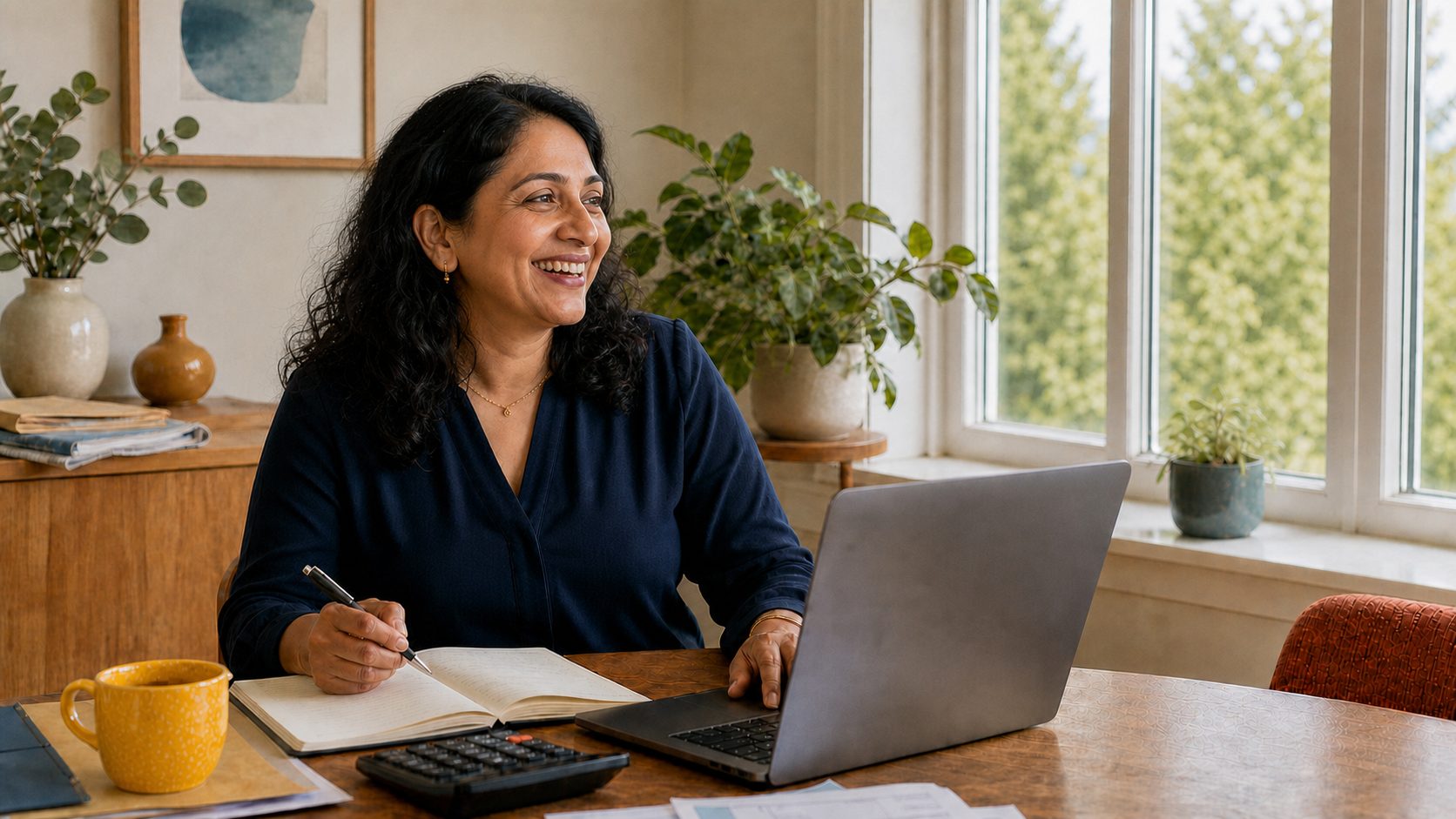 A student studying accounting on a laptop at home.