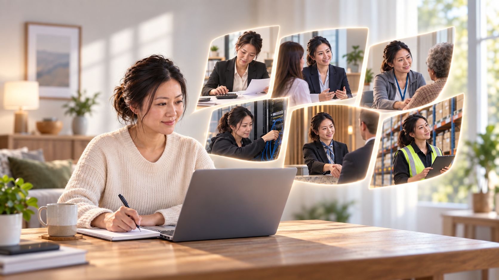 A student studying online at her kitchen table, with the careers her training leads to.